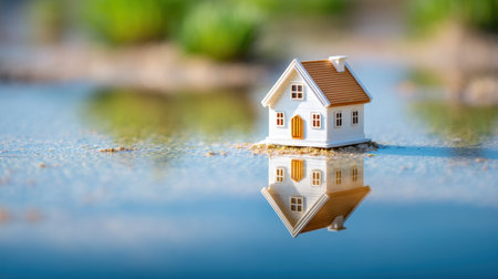 A small model house is placed on a reflective water surface, illustrating the challenges of climate change, flooding, and the importance of home safety.の素材