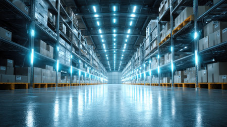 A striking view of a spacious warehouse interior featuring rows of organized shelves stacked with boxes, illuminated by bright overhead lights, showcasing a clean and reflective floor.の素材