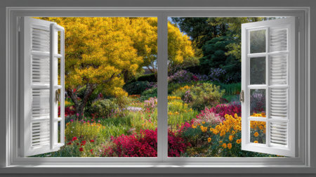 Enjoy a stunning view of a bright and colorful spring garden through an open window, showcasing beautiful flowers, lush greenery, and warm sunlight.の素材