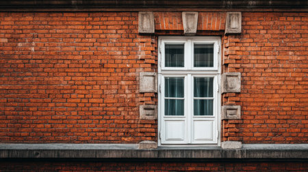 This image features a charming white window set against a rustic red brick wall, showcasing intricate stone accents in a vintage urban architecture style.の素材