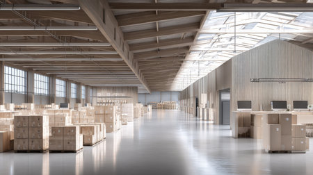 Bright and spacious warehouse interior showcasing an organized layout with wooden pallets and ample natural light, ideal for logistics and distribution operations.の素材