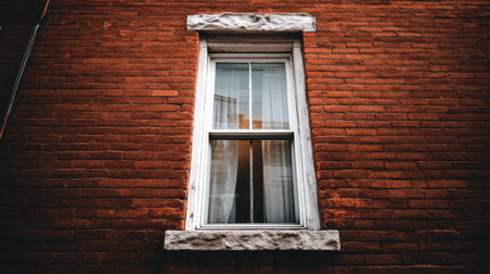 A captivating view of a single window set in a textured brick wall, warmly illuminated from within, creating an inviting and cozy vibe in an urban environment.の素材