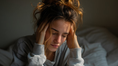 A portrait of a young woman expressing stress and anxiety while seated on her bed. Soft natural light enhances the serene yet troubled atmosphere, capturing a moment of vulnerability.の素材