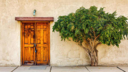This image features a rustic wooden door juxtaposed with a vibrant green tree against a weathered beige wall, creating an inviting and picturesque outdoor scene.の素材