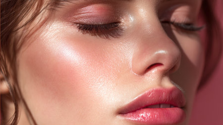 Captivating close-up of a woman's face showcasing soft makeup, delicate lips, and a natural glow, set against a pink background for a striking visual effect.の素材