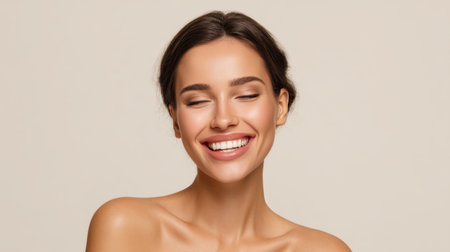 A young woman radiates joy with a bright smile and natural beauty. This studio portrait captures her happiness and confidence against a neutral background, perfect for lifestyle themes.の素材