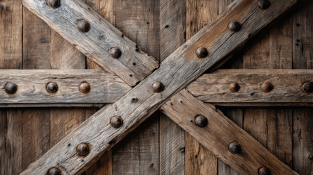 This image shows a rustic wooden barn door featuring a cross design, detailed with decorative metal rivets, providing a classic and textured aesthetic for any design project.の素材