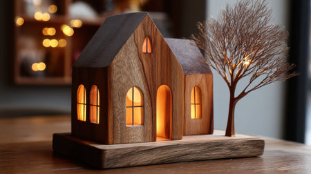 A charming wooden house with glowing windows and a decorative tree creates a warm, inviting atmosphere. Ideal for enhancing home decor or holiday settings.の素材