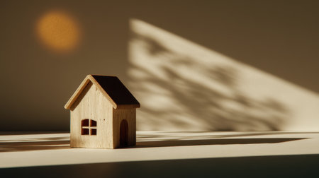 A wooden miniature house sits gracefully on a surface, illuminated by warm light, casting intricate shadows, evoking feelings of comfort and tranquility in home decor.の素材
