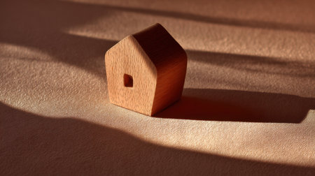 A wooden model house figurine creates a serene atmosphere with soft shadows on a neutral fabric background, representing minimalism and cozy aesthetics.の素材