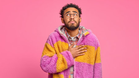 A young man expresses deep emotions while wearing a colorful sweater. The bright pink background enhances the vibrant atmosphere and captures an engaging moment of reflection.の素材