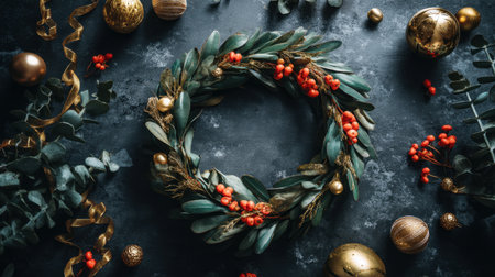 A beautifully arranged Christmas wreath adorned with red berries and surrounded by gold ornaments showcases a festive, elegant holiday spirit on a dark surface.の素材