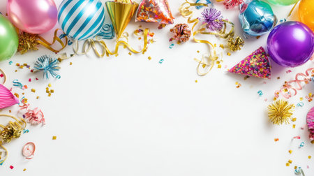 Brightly colored balloons, party hats, and confetti create a festive atmosphere, perfect for joyful celebrations and memorable events. Ideal for party-themed designs.の素材