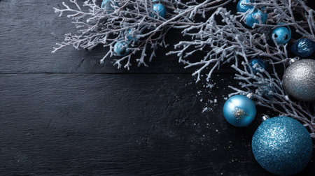 Capture the essence of winter celebrations with this stunning arrangement of frosted branches and vibrant blue ornaments on a dark wooden surface.の素材