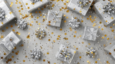 Bright and cheerful image featuring elegant silver and white gift boxes adorned with shiny bows, surrounded by sparkling gold stars, ideal for festive themes.の素材