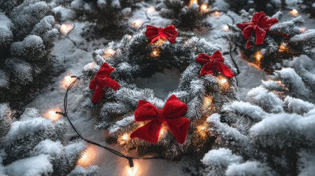 A beautifully crafted Christmas wreath adorned with vibrant red bows and glowing lights, resting on soft, snowy ground amidst frosty trees, evoking holiday spirit.の素材