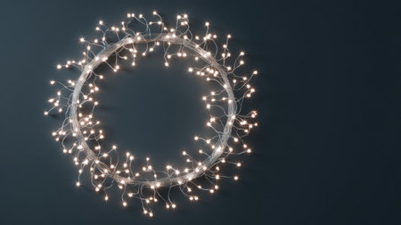 A beautiful arrangement of round string lights glowing softly against a dark background, ideal for enhancing the mood during festive occasions and celebrations.の素材