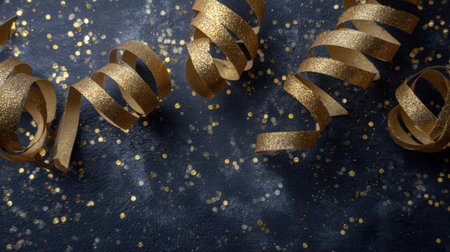 Beautiful arrangement of gold streamers and sparkling confetti on a dark surface, perfect for a variety of celebrations and festive occasions. Ideal for adding elegance.の素材
