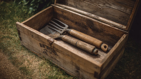 Discover a charming wooden box featuring classic gardening tools like a pitchfork and hand trowel, perfect for a serene outdoor space that inspires growth and nurturing.の素材