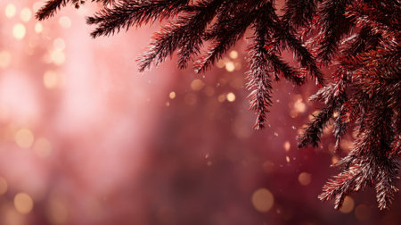 Enchanting background featuring red pine branches with sparkling bokeh lights. Ideal for winter or holiday-themed projects, creating a warm and inviting setting.の素材