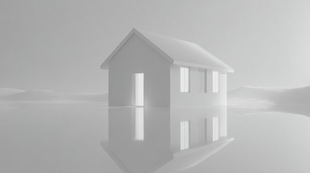 This image features a minimalist house surrounded by a foggy landscape, with its reflection mirrored on calm water. It evokes a sense of tranquility and peace, perfect for various themes.の素材
