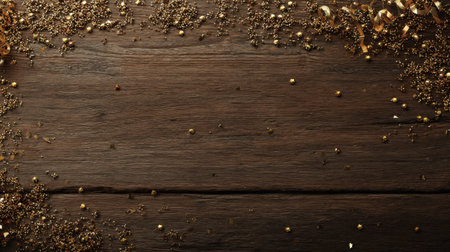Elegant gold confetti and decorations scatter across a textured wooden surface, creating a festive and inviting atmosphere perfect for celebrations and events.の素材