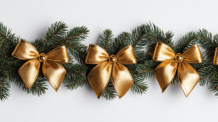 Beautiful arrangement of golden bows intertwined with lush green pine sprigs, ideal for adding a festive touch to any holiday celebration or decoration.の素材