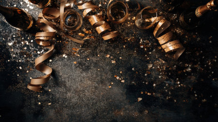 Elegant festive arrangement with champagne glasses, decorative ribbons, and glitter, perfect for celebrations, parties, or New Yearの素材