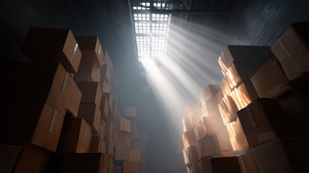 Sunlight streams through a skylight, creating a dramatic atmosphere in a warehouse filled with stacks of cardboard boxes, evoking feelings of abandonment and mystery.の素材