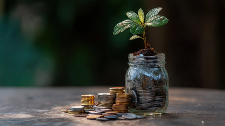A small plant emerges from a jar filled with coins, representing the concept of financial growth and the importance of nurturing investments for future prosperity.の素材