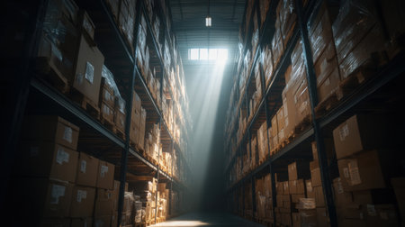 A captivating warehouse interior shows sunlight streaming through windows, casting light on neatly stacked cardboard boxes along dark shelves, creating a dramatic atmosphere.の素材
