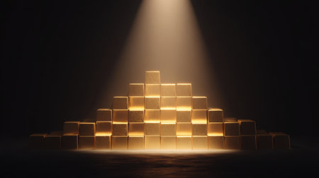 A stunning arrangement of golden blocks forms a pyramid under dramatic lighting, creating an atmosphere that symbolizes prosperity, warmth, and luxury in a minimalist setting.の素材