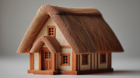 A beautifully crafted wooden miniature house with a thatched roof, showcasing intricate designs and textures, perfect for home decor or craft enthusiasts.の素材