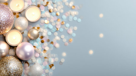 The image features a beautiful arrangement of candles and shiny ornaments on a soft blue background, perfect for creating a festive atmosphere during holiday celebrations.の素材