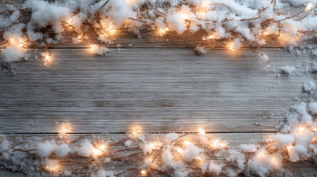 Capture the essence of winter with this serene scene of snowflakes and glowing fairy lights on a rustic wood background, perfect for holiday themes and celebrations.の素材