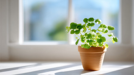 A small green young plant sprouting in terracotta pot, basking in natural light by window, creating serene and refreshing atmosphereの素材