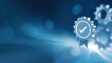 An abstract blue background featuring digital badge with checkmark, symbolizing quality and assurance in modern design. gears in background add sense of industry and innovationの素材