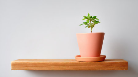 A small plant is growing in terracotta pot placed on wooden shelf against neutral background, creating serene and minimalist atmosphereの素材