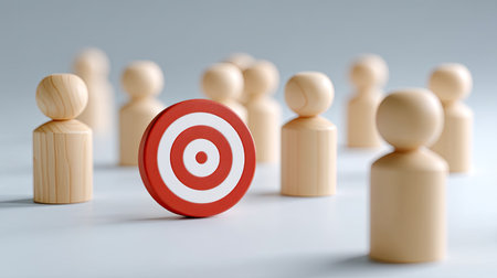 An achieving business goals is essential, represented by target surrounded by wooden figures, symbolizing focus and strategy in competitive environmentの素材