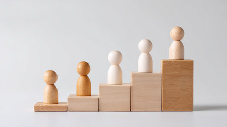 An achieving success is represented through wooden figures ascending staircase of blocks, symbolizing growth and progress in minimalist styleの素材
