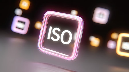 An abstract network with glowing iso logo, illuminated icons in digital space, showcasing modern technology and innovation. vibrant colors create dynamic atmosphereの素材