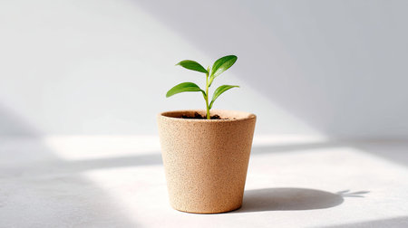 A small labeled pot with young plant, fresh and vibrant, sits on light surface, illuminated by soft sunlight, creating serene and calming atmosphereの素材