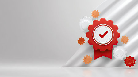 An abstract corporate background featuring red gear with check mark, surrounded by orange and white gears, symbolizing quality and assurance modern design. this conveys sense of reliabilityの素材