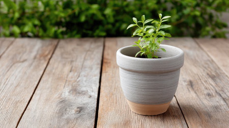 A small gray pot with tiny green seedling sits on wooden table, surrounded by lush greenery in background, creating serene and refreshing atmosphereの素材