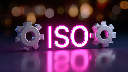 A vibrant representation of term iso surrounded by metallic gears, symbolizing technology and precision digital context. glowing pink letters contrast beautifully with blurred backgroundの素材