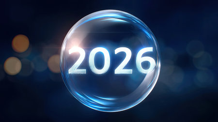 A futuristic bubble featuring year 2026, illuminated with soft glow against dark background, evokes sense of anticipation and innovationの素材