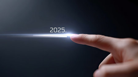 A futuristic concept with finger touching glowing line, symbolizing progress and innovation towards year 2025. this evokes sense of anticipation and technological advancementの素材