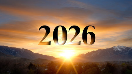 A stunning sunrise illuminates mountain peaks, casting warm glow over landscape, symbolizing hope and new beginnings for year 2026の素材