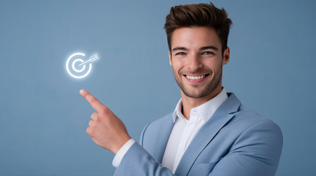 A confident business leader smiling while pointing at target symbol, showcasing success and achievement in professional setting. image conveys positivity and ambitionの素材