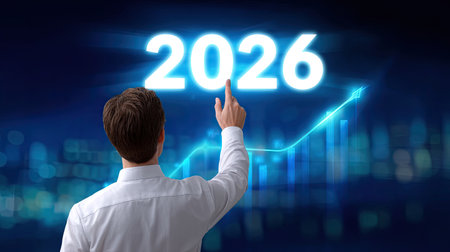 A business growth concept with businessman pointing at 2026, symbolizing future success and progress in digital environment. upward trend reflects optimism and ambitionの素材